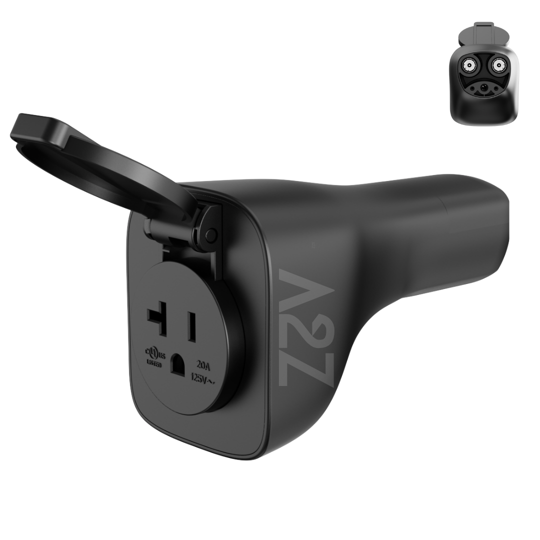 A2Z NACS V2L vehicle-to-load adapter, outlet side view with connector inset