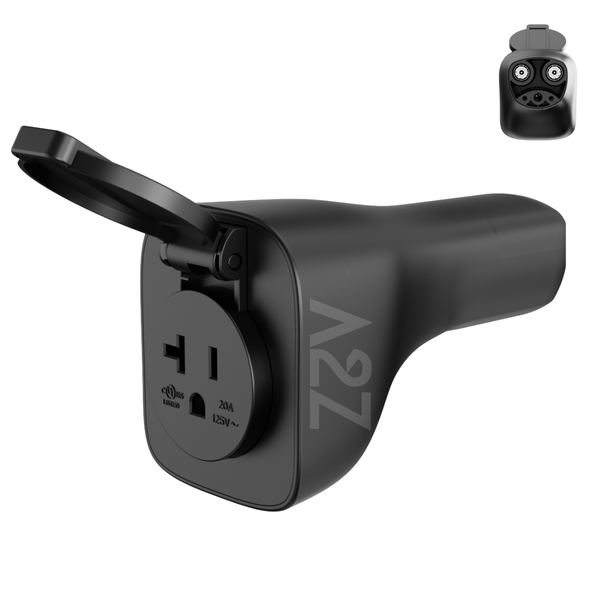 A2Z NACS V2L vehicle-to-load adapter, outlet side view with connector inset