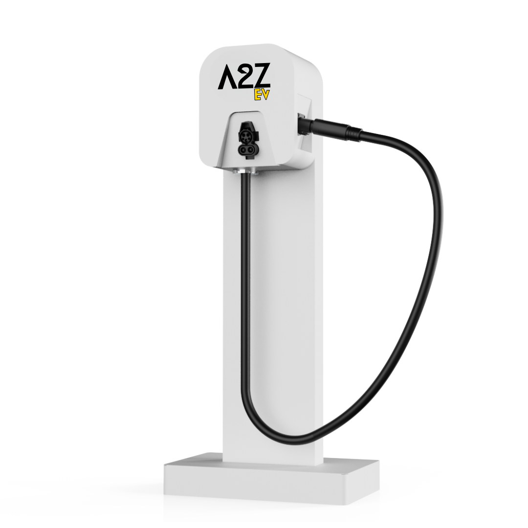 A2Z CCS1 to NACS pedestal, angled front view with cable