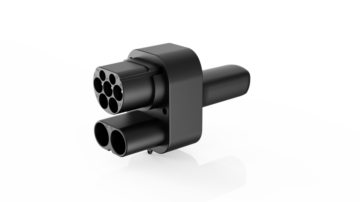 A2Z Stardust Max CCS2 to NACS DC adapter for Cybertruck, angled view, CCS2 end