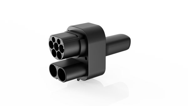 A2Z Stardust Max CCS2 to NACS DC adapter for Cybertruck, angled view, CCS2 end