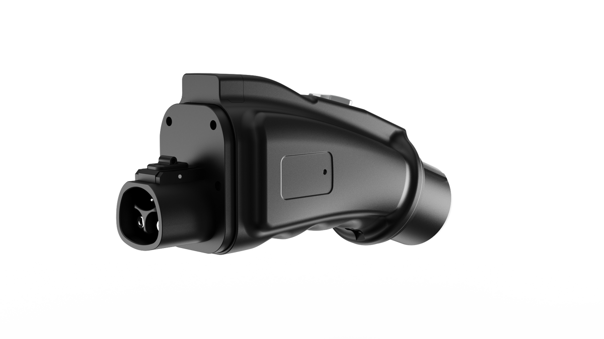 A2Z Eternal NACS to CHAdeMO DC adapter, angled view, NACS end
